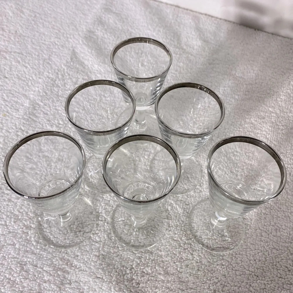 Vintage Silver Rim Footed French Crystal Shot Glasses 7 Cordial Glasses Aperitif